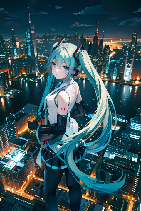  1girl,solo,25_ji miku,silver hair,uneven twintails,heterochromatic pupils,looking at viewer,light smile,{{artist:wlop}}, [artist:as109],[[artist:ningen_mame]],artist:miyase_mahiro,[[[artist:sho_(sho_lwlw)]]],[[[artist:ciloranko]]],[[[artist:Cogecha]]], {{artist:chichi}}, 
best quality, amazing quality, very aesthetic, absurdres, masterpiece,highres,handsome style, Keywords night, overlooking the city, sense of science and technology, sense of the future,starry sky，moonlight and starlight,at the top of the city,whole body(Expose the lower body),back to back,mikudef,Back Shadow,smile,horizon,cyberpunk,earphone,standing on the roof,from above,wide angle