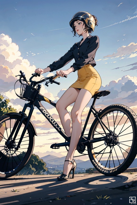  solo, 1girl,outdoors, sky, cloud, helmet, ground,sunset, riding, black_bicycle, BY MOONCRYPTOWOW,black_high_heels,yellow_footwear,pencil_skirt,short_hair,