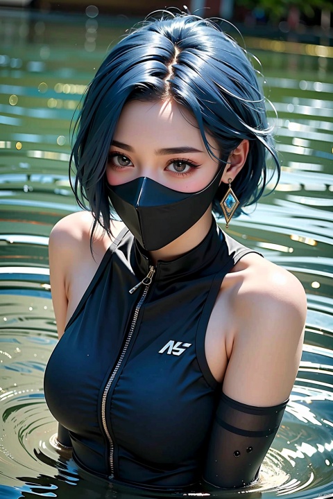  1 girl, black tight fitting suit, black mask, water, wading, earrings, jewelry, short hair, blue hair,