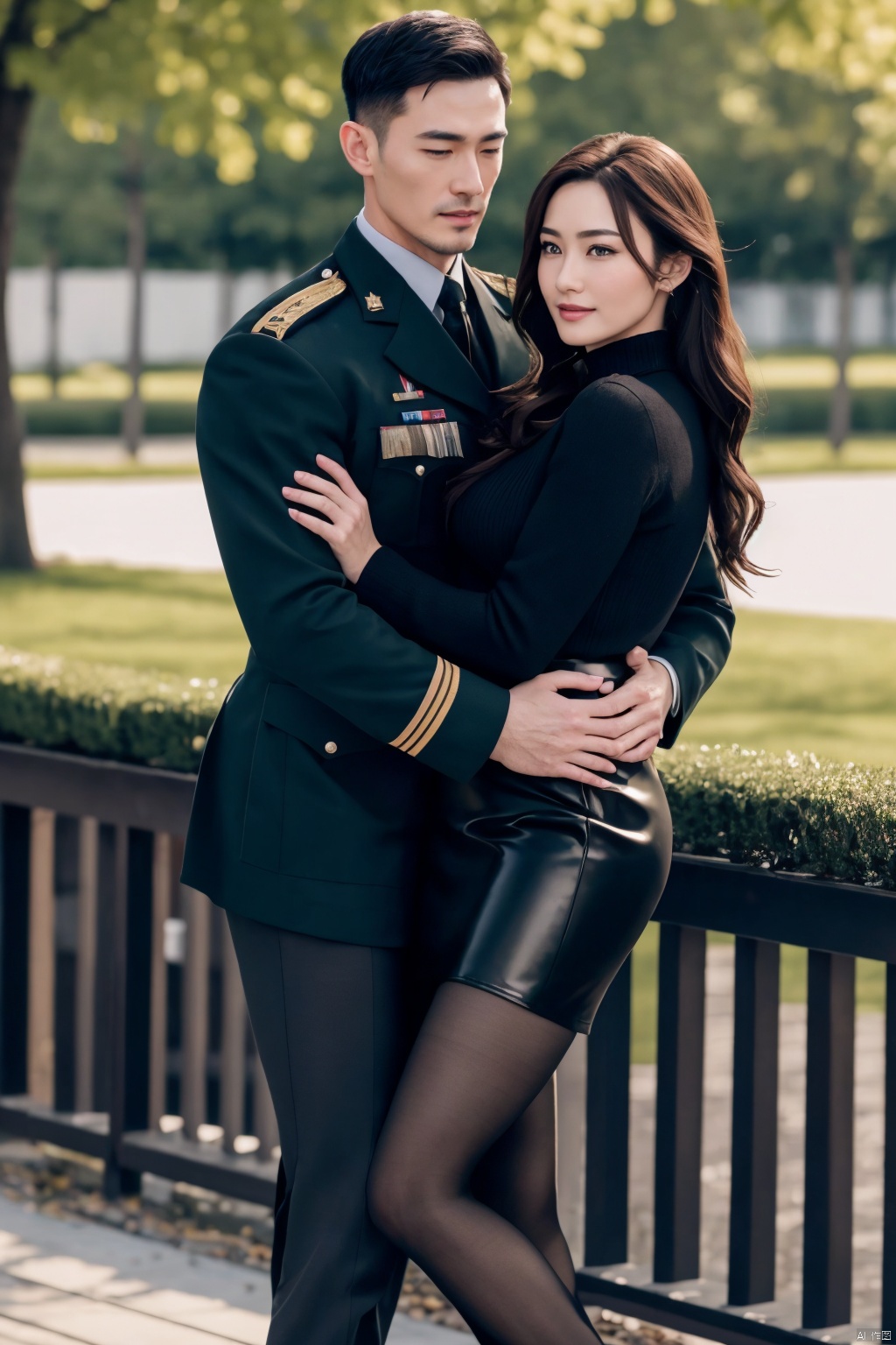  👫,a Handsome man and a pretty woman hugging together, Asian,(masterpiece, realistic, Realism, best quality, highly detailed, 8K Ultra HD, sharp focus, profession),(muscular man, wearing military_uniform), (slim woman, wearing mini pencil skirt), face to face, affectionate, charming, outdoors, soft lighting,1man, blackpantyhose, 1man,xiewa