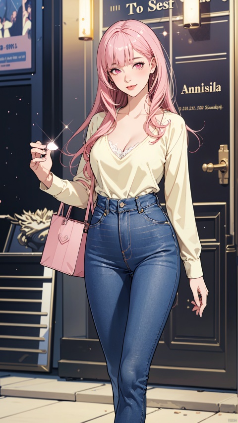  (masterpiece, top quality, best quality, official art, beautiful and aesthetic:1.3),lens above the knee,illustration,beautiful detailed eyes,(1girl),solo,bangs,bouquet,blush,pink hair,pink eyes,looking at viewer,glowing,light particles,sparkle,depth of field,,,,long hair,light particles,jeans,yellow shirt,cleavage,bangs,shirt,standing,arm at side,blurry background,lips,long sleeves,thigh gap,blue pants,closed mouth,collarbone,facing viewer,big breasts,high-waist,pants,blush,looking at viewer,