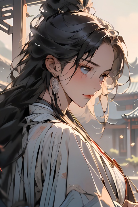  (( A beautiful girl)), (tied in a braids). ((looking up)),close-up shots, movie lighting effects, the best quality, the best details, Chinese style, high resolution, wearing ancient Chinese clothing,((blurry_background)),((closed_mouth)), (((beautiful girl face))), midjourney portrait,chinese classical building,((((solo)))),