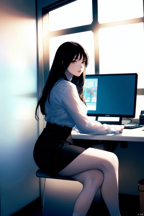  Correct scale,(Asian Girl),beautiful 18 year old girl, 1girl, solo, (long hair,(black hair)), looking at laptop, skirt, shirt, long sleeves,(brown eyes), sitting,((white shirt),see-through), pantyhose, parted lips, choker, socks, collared shirt, indoors,(black skirt),(black pantyhose), computer, laptop,(pale skin), impactful visuals, sense of space, best quality, super detailed, photo like image quality, colorful painting,masterpiece, best quality,((high saturation)),((ultra-detailed)), crossed legs, office,huge window on the back, Outside the window is the Cyberpunk city