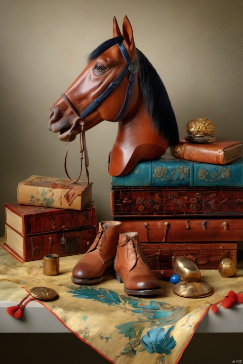  xingudian,no humans,realistic,horse,book,shoes,still life,masterpiece,8K,realistic,UHD,,