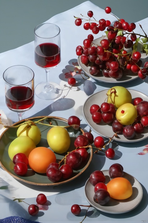  xingudian,food,fruit,no humans,drinking glass,cup,food focus,still life,table,tablecloth,realistic,plate,wine glass,cherry,grey background,masterpiece,8K,realistic,UHD,,