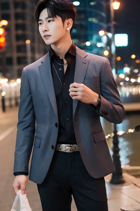 xizhuang,male focus,1boy,black hair,black eyes,short hair,bangs,solo,suit jacket,suit,shirt,black pants,collared shirt,white shirt,pants,jewelry,necklace,holding,long sleeves,dress shirt,cowboy shot,open clothes,realistic,city_lights,