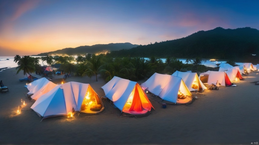  Masterpiece, 8K, panoramic view, starry sky, peaceful beach, many colorful tents, coconut trees, campfire, vitality and fun