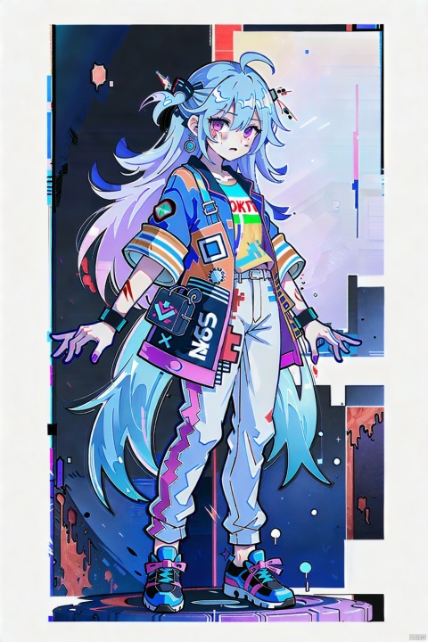 mty 1girl blood on clothes colorful full body glitch jacket long hair long sleeves looking at viewer pants shirt shoes short sleeves sneakers solo standing transparent background white shirt 