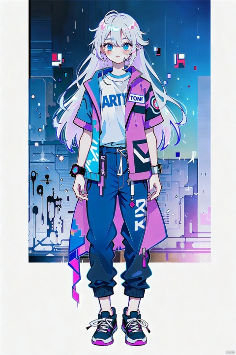 mty 1girl blood on clothes colorful full body glitch jacket long hair long sleeves looking at viewer pants shirt shoes short sleeves sneakers solo standing transparent background white shirt 
