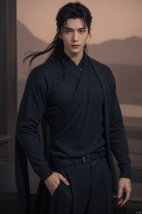 in style of Delphin Enjolras, character concept design, half body，
(male character design），（Melancholic handsome Chinese man Pan An is looking at the camera t close-up：1.37），（Pan An wears modern and fashionable men&#39;s blue sweater suit pants：1.37），Pan An’s skin is fair and flawless，The bridge of his nose is high and straight，(long,Messy shawl hair：1.1），（double eyelids, Bright Eyes, Big clear and bright eyes），sad prince，Food with red lips and white teeth，gentle melancholy，Pan An is tall and tall.，He has a strong physique，Toned muscles，Fresh and toned abs, His exquisite facial features，Kingly style， messy black hair,Wind magic, （Main color blue：0.8）