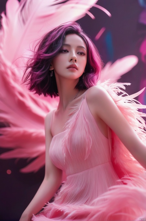  Girl, Erjie, girl in a fluid and dynamic pose, wearing a loose, flowing pink dress, mysterious expression, curly black and pink hair, [Zhang Ziyi| Aishwarya Rai], in a modern and abstract setting, with bold and colorful abstract art, blurred background, bright lighting, official art, uniform 8k wallpaper,(Feathers everywhere :1.3), depth of field level,