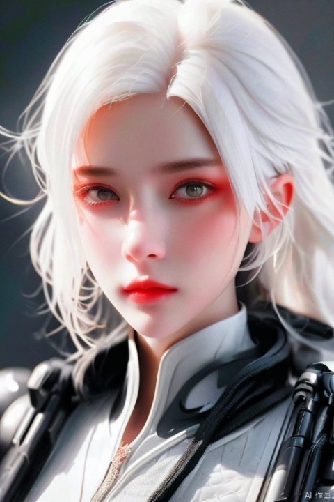  tmasterpiece,Best quality,A high resolution,8K,(Portrait photograph:1.5),(ROriginal photo),real photograph,digitalphotography,(Combinationofcyberpunkandfantasystyle),(Femalesoldier),20岁女孩,random hair style,white color hair,By bangs,(Red eyeigchest, accessories,Keep one's mouth shut,elegant and charming,Serious and arrogant,Calm and handsome,(Cyberpunk combined with fantasy style clothing,Openwork design,joint armor,Combat uniforms,White clothes,white colorposing your navel,Photo pose,Realisticstyle,gray world background,oc render reflection texture