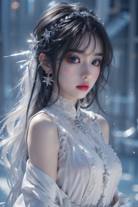  ((best quality)), ((masterpiece)), ((ultra-detailed)), extremely detailed CG, (illustration), ((detailed light)), (an extremely delicate and beautiful), a girl, solo, ((upper body,)), ((cute face)), expressionless, (beautiful detailed eyes), full breasts, (medium breasts:1.2), blue dragon eyes, (Vertical pupil:1.2), white hair, shiny hair, colored inner hair, [Armor_dress], blue_hair ornament, ice adorns hair,depth of field, [ice crystal], (snowflake), (\shuang hua\), 1girl,yellow_footwear,long_hair,black_hair