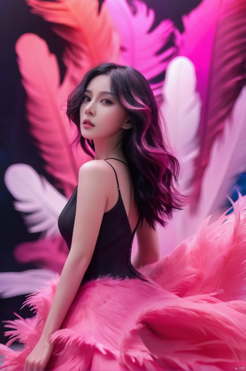  Girl, Erjie, girl in a fluid and dynamic pose, wearing a loose, flowing pink dress, mysterious expression, curly black and pink hair, [Zhang Ziyi| Aishwarya Rai], in a modern and abstract setting, with bold and colorful abstract art, blurred background, bright lighting, official art, uniform 8k wallpaper,(Feathers everywhere :1.3), depth of field level,