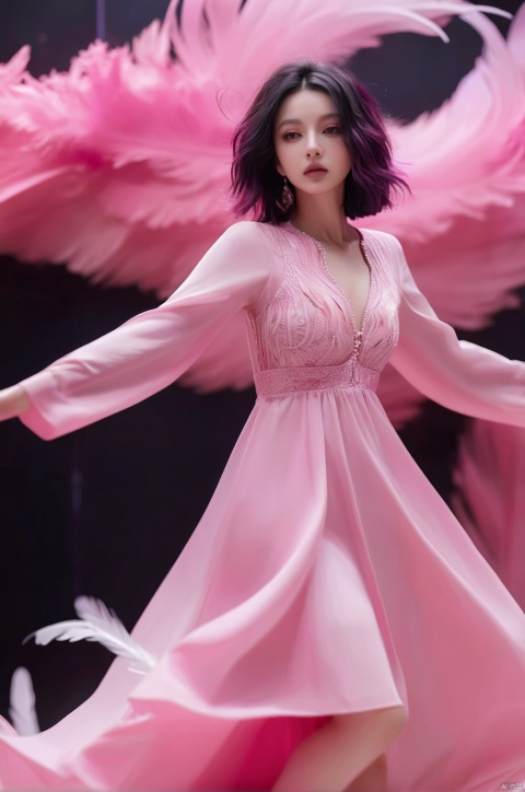 Girl, Erjie, girl in a fluid and dynamic pose, wearing a loose, flowing pink dress, mysterious expression, curly black and pink hair, [Zhang Ziyi| Aishwarya Rai], in a modern and abstract setting, with bold and colorful abstract art, blurred background, bright lighting, official art, uniform 8k wallpaper,(Feathers everywhere :1.3), depth of field level, Wallpaper, (zen dispute, mandala, dispute, en dispute), complex clothes,zhongfenghua whole body, from all over, masterpieces, top quality, best quality, (feather :1.3), the most detailed