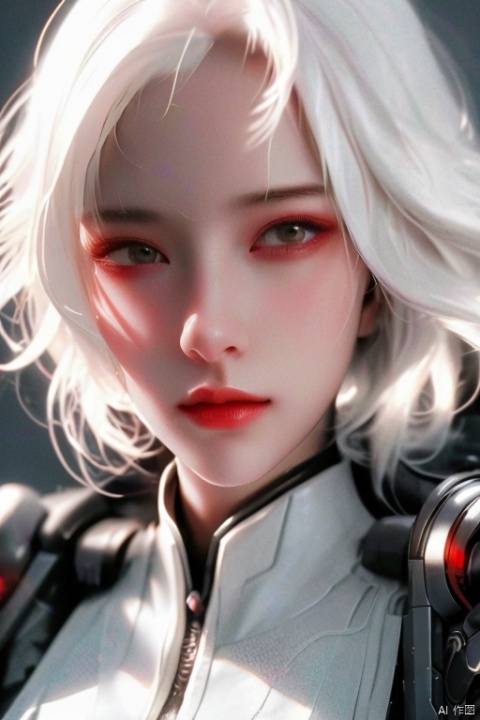  tmasterpiece,Best quality,A high resolution,8K,(Portrait photograph:1.5),(ROriginal photo),real photograph,digital photography,(Combination of cyberpunk and fantasystyle),(Femalesoldier),20岁女孩,random hair style,white color hair,By bangs,(Red eyeigchest, accessories,Keep one's mouth shut,elegant and charming,Serious and arrogant,Calm and handsome,(Cyberpunk combined with fantasy style clothing,Openwork design,joint armor,Combat uniforms,White clothes,white colorposing your navel,Photo pose,Realisticstyle,gray world background,oc render reflection texture
