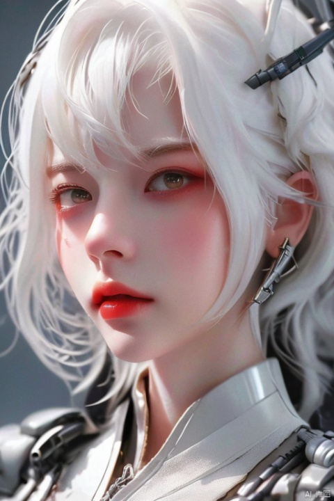 tmasterpiece,Best quality,A high resolution,8K,(Portrait photograph:1.5),(ROriginal photo),real photograph,digital photography,(Combination of cyberpunk and fantasy style),(Female soldier),20岁女孩,random hair style,white color hair,By bangs,(Red eyeigchest, accessories,Keep one's mouth shut,elegant and charming,Serious and arrogant,Calm and handsome,(Cyberpunk combined with fantasy style clothing,Openwork design,joint armor,Combat uniforms,White clothes,white colorposing your navel,Photo pose,Realisticstyle,gray world background,oc render reflection texture