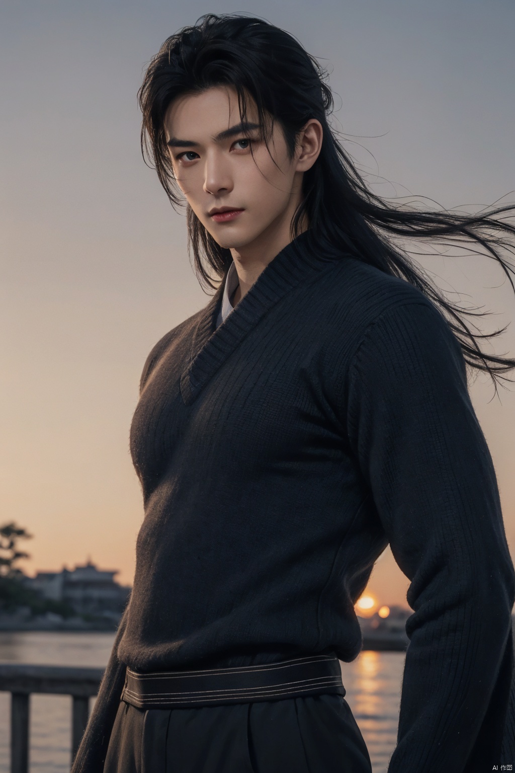  in style of Delphin Enjolras, character concept design, half body，
(male character design），（Melancholic handsome Chinese man Pan An is looking at the camera t close-up：1.37），（Pan An wears modern and fashionable men&#39;s blue sweater suit pants：1.37），Pan An’s skin is fair and flawless，The bridge of his nose is high and straight，(long,Messy shawl hair：1.1），（double eyelids, Bright Eyes, Big clear and bright eyes），sad prince，Food with red lips and white teeth，gentle melancholy，Pan An is tall and tall.，He has a strong physique，Toned muscles，Fresh and toned abs, His exquisite facial features，Kingly style， messy black hair,Wind magic, （Main color blue：0.8）