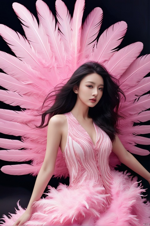Girl, a pink feather dress, pink feathers, huge feathers, intricate seaside background, beautiful seaside background, Erjie, girl in a fluid and dynamic pose, wearing a loose, flowing pink feather dress, mysterious expression, black and pink curls, [Zhang Ziyi| Aishwarya Rai], in a modern and abstract setting, with bold and colorful abstract art, blurred background, bright lighting, official art, uniform 8k wallpaper,(Feathers everywhere :1.3), depth of field level, Wallpaper, (zen dispute, mandala, dispute, en dispute), complex clothes,zhongfenghua whole body, from all over, masterpieces, top quality, best quality, (feather :1.3), the most detailed