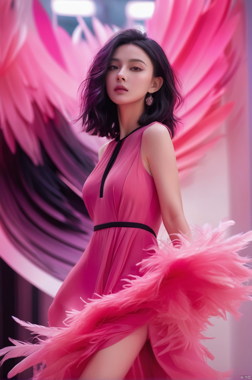 Girl, Erjie, girl in a fluid and dynamic pose, wearing a loose, flowing pink dress, mysterious expression, curly black and pink hair, [Zhang Ziyi| Aishwarya Rai], in a modern and abstract setting, with bold and colorful abstract art, blurred background, bright lighting, official art, uniform 8k wallpaper,(Feathers everywhere :1.3), depth of field level,