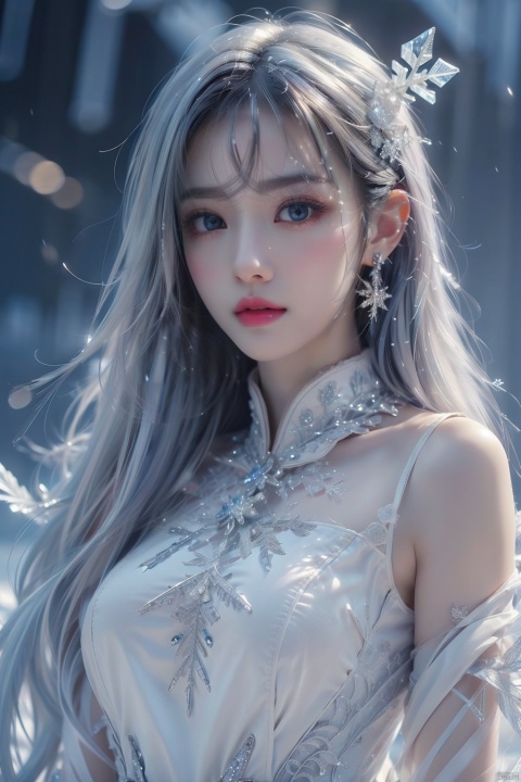  ((best quality)), ((masterpiece)), ((ultra-detailed)), extremely detailed CG, (illustration), ((detailed light)), (an extremely delicate and beautiful), a girl, solo, ((upper body,)), ((cute face)), expressionless, (beautiful detailed eyes), full breasts, (medium breasts:1.2), blue dragon eyes, (Vertical pupil:1.2), white hair, shiny hair, colored inner hair, [Armor_dress], blue_hair ornament, ice adorns hair,depth of field, [ice crystal], (snowflake), (\shuang hua\), 1girl,yellow_footwear,long_hair,black_hair