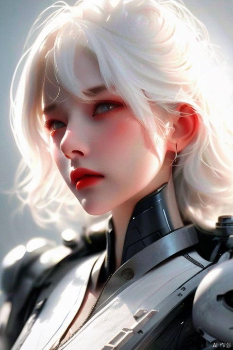  tmasterpiece,Best quality,A high resolution,8K,(Portrait photograph:1.5),(ROriginal photo),real photograph,digital photography,(Combination of cyberpunk and fantasy style),(Femalesoldier),20岁女孩,random hair style,white color hair,By bangs,(Red eyeigchest, accessories,Keep one's mouth shut,elegant and charming,Serious and arrogant,Calm and handsome,(Cyberpunk combined with fantasy style clothing,Openwork design,joint armor,Combat uniforms,White clothes,white colorposing your navel,Photo pose,Realisticstyle,gray world background,oc render reflection texture