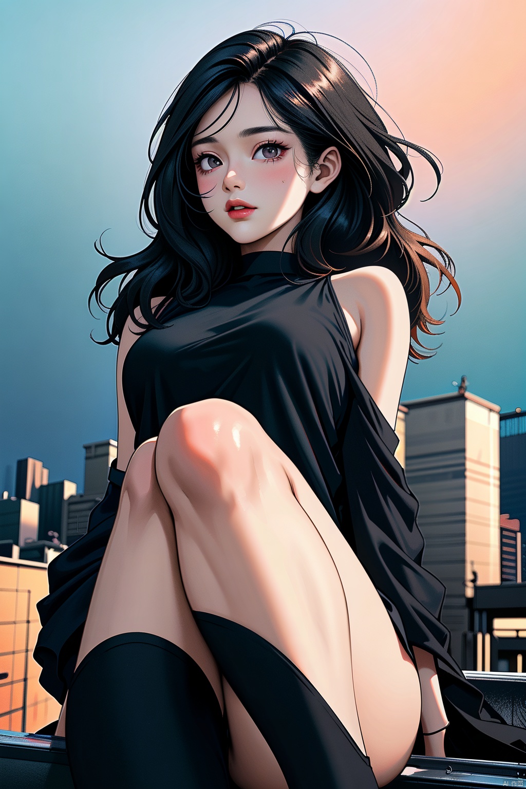  NSFW,Frontal photography,Look front,evening,dark clouds,the setting sun,On the city rooftop,A 20 year old female,Black top,Black Leggings,black hair,long hair, dark theme, muted tones, pastel colors, high contrast, (natural skin texture, A dim light, high clarity) ((sky background))((Facial highlights)),,