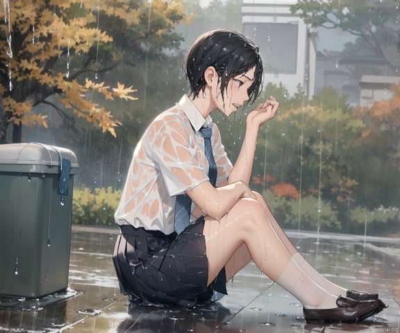 nai3, 1girl, skirt, solo, necktie, short hair, bag, shirt, teeth, white shirt, short sleeves, clenched teeth, school uniform,((wet, raindrops, rain drop, wet clothes)),a profile,full body,have a fall.Sit on the ground,