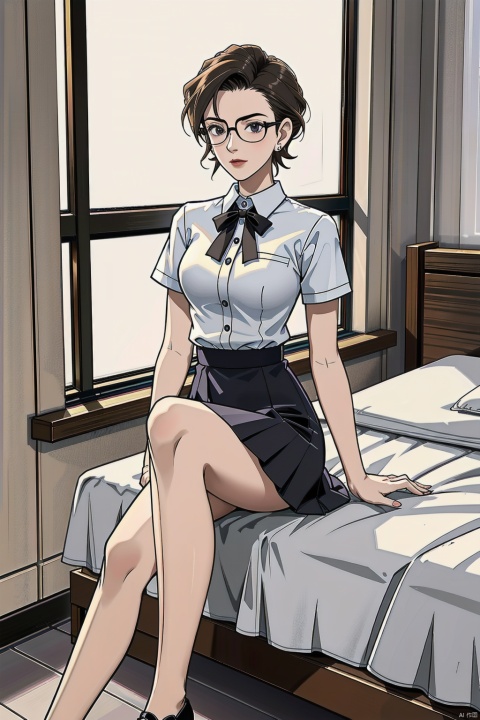  Enhanced, masterpiece, 16K, JK, 1 girl, short hair, school uniform, skirt, sitting on bed, Light master, film,Holding a pair of black high-heeled shoes in  hand,black frame glasses,