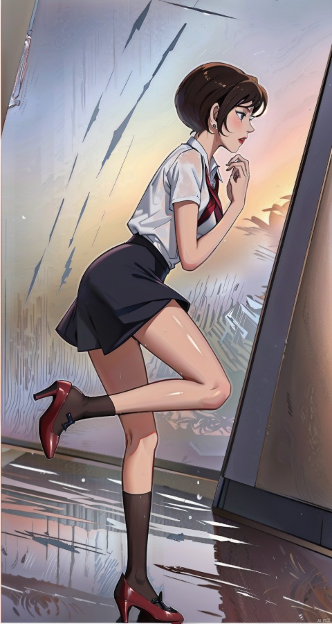  nai3, 1girl, skirt, solo, necktie, short hair, bag, shirt, teeth, white shirt, short sleeves, clenched teeth, school uniform, running,((wet, raindrops, rain drop, wet clothes)),a profile,running,full body,