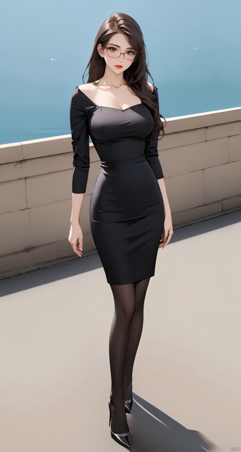 1girl, solo, long hair , looking at viewer, skirt, brown hair, dress, brown eyes, , full body, pantyhose, high heels,, pencil skirt,pencil dress,,from above ,black frame glasses,city streets,long 