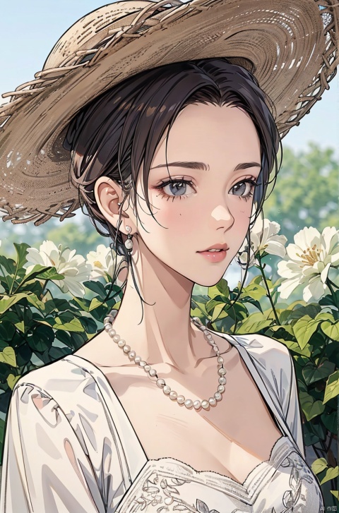  A woman wearing a straw hat, Wearing a simple pearl necklace and pearl earrings, light gray and light beige, detailed, gentle and focused romanticism, overhead shot, dim flowers in the foreground, depth of field, Canon R6, bright soft ambient outdoor light, liuyifei