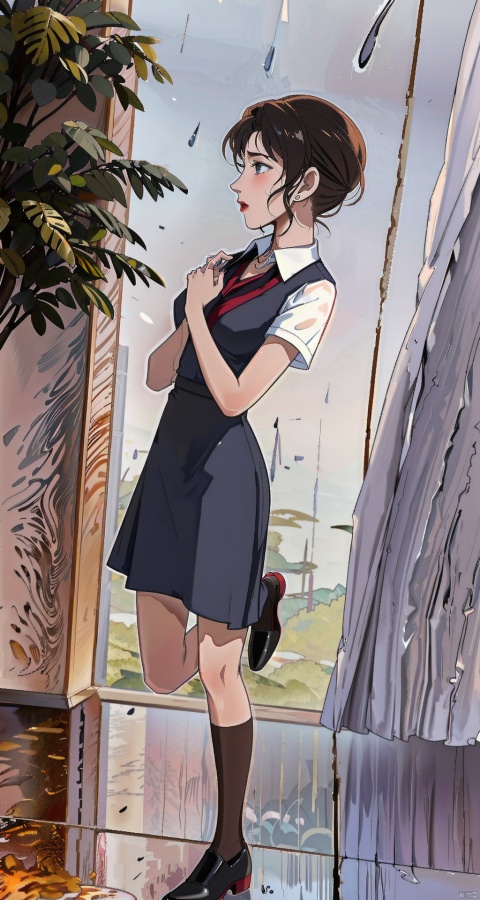 nai3, 1girl, skirt, solo, necktie, short hair, bag, shirt, teeth, white shirt, short sleeves, clenched teeth, school uniform, running,((wet, raindrops, rain drop, wet clothes)),a profile,running,full body,