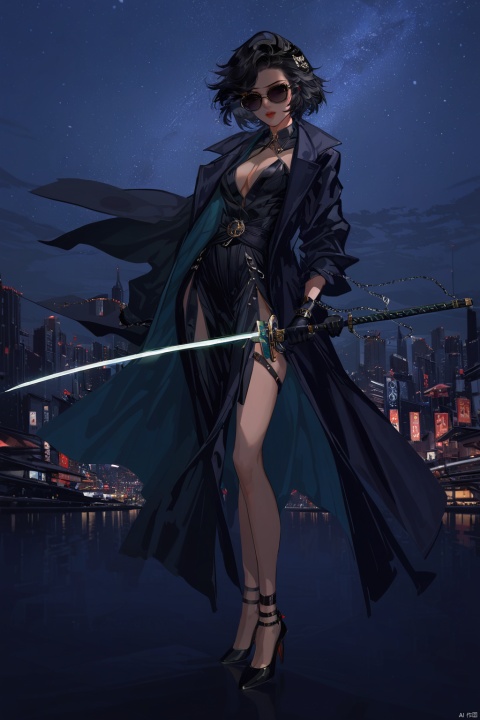 (best quality), ((masterpiece)), (highres), illustration, original, extremely detailed,1girl,  short hair, virtual youtuber, sword, weapon, solo, sunglasses,  holding, holding weapon, holding sword, coat, night background, katana, looking at viewer, , night background, black footwear, high heels, black coat, full body,black gloves,