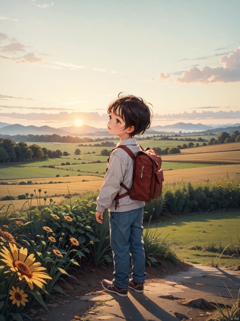 /imagine prompt: A little boy stands on a hill, with the sun setting on his face, gazing at the distant fields, hills, and endless fields,,, Golden hour light, Long Shot(LS), Medium Shot(MS)