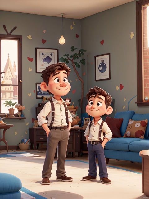 /imagine prompt: A well dressed middle-aged man and a little boy are having a face-to-face conversation in the luxurious living room. Children's cartoon illustration style, linear style, Medium Shot(MS), cinematic shot