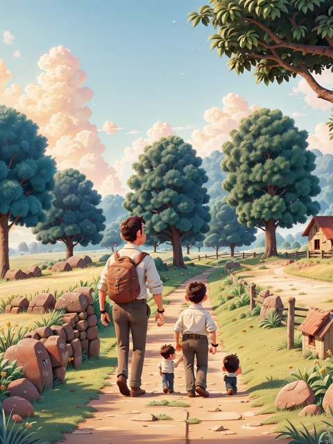 /imagine prompt: A well dressed middle-aged man and a little boy are walking on a quiet rural path, watching the sunset in the fields, Natural light, Center the composition, andala
