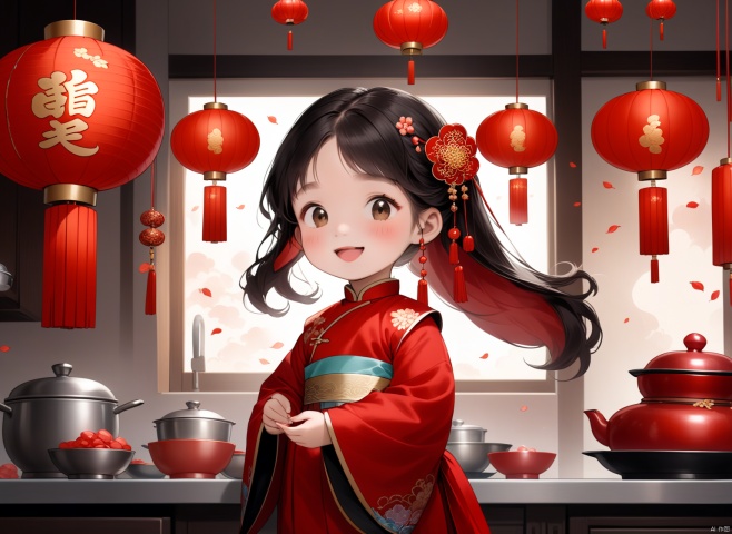 /imagine prompt:  There is a beautiful little girl with vertical Chinese hair accessories, feeding candy to the Kitchen God. Her face is very happy, and the background is a kitchen with red lanterns, wmchahua
