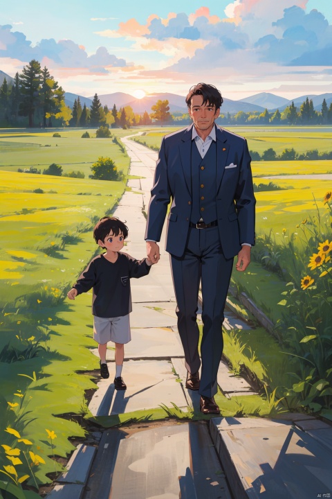 /imagine prompt: A well dressed middle-aged man and a little boy are walking on a quiet rural path, watching the sunset in the fields, Natural light, Center the composition, andala
