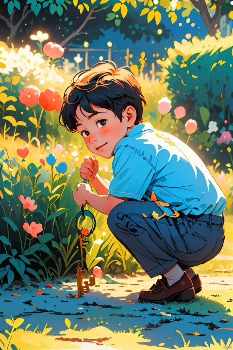 /imagine prompt:  On a sunny morning, a little boy squatted on the ground and found a sparkling rainbow key in his garden, Crisp details, Photorealistic