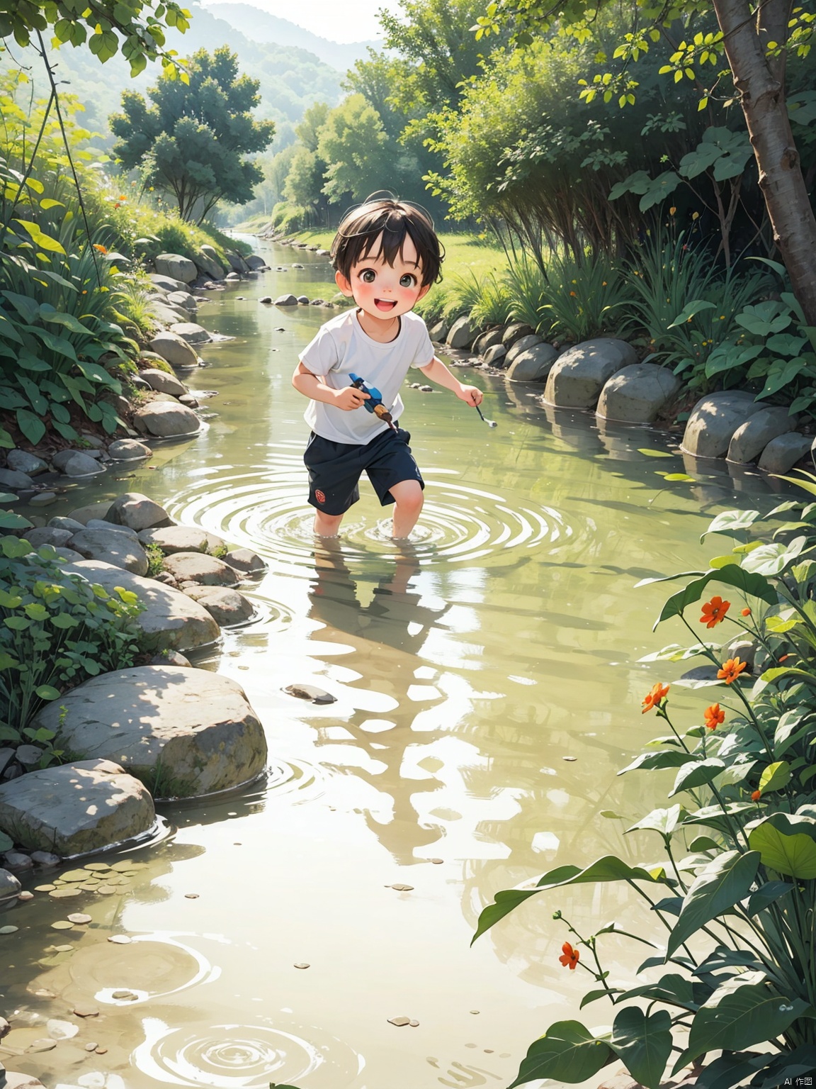 /imagine prompt: A little boy, happily playing in the water, in the clean and beautiful endless stream of the countryside,,, kid, Natural light, Medium Long Shot(MLS)