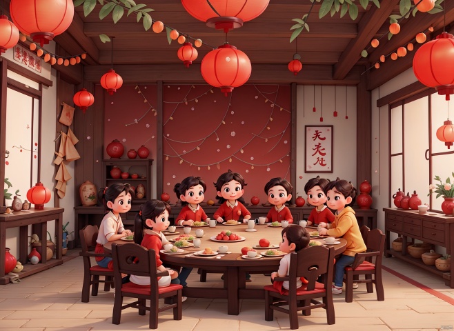 /imagine prompt: The warm scene of the Chinese Spring Festival, with a red background, where the whole family gathers around a large round table to have a reunion dinner. The room is surrounded by red lanterns, and the atmosphere of the Spring Festival surrounds it, creating a warm and cozy scene, Focal Blur,迪士尼