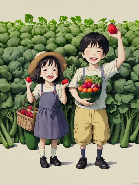 A little boy and a little girl, holding many vegetables and fruits in their hands, were very happy