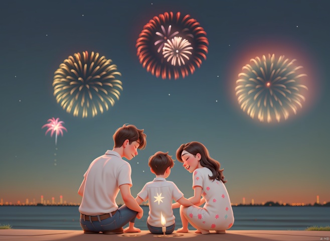 /imagine prompt:  Under the fireworks at night, the family loved each other and stayed together