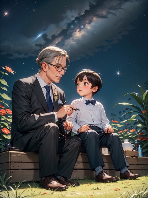 /imagine prompt: A well dressed middle-old aged man and a little boy sat on the grass, gazing up at the starry sky, night, starry sky, dotted with stars,,, Natural light, Medium Long Shot(MLS)