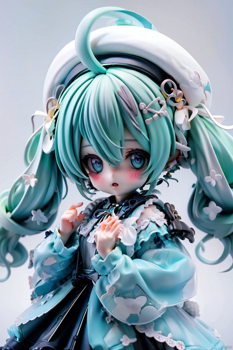  1girl,twintails,solo,jewelry,earrings,hat,hair ornament,looking at viewer,hatsune miku,blue hair,blue eyes,white background,long hair,blue headwear,plaid,bow,beret,parted lips,hair between eyes,plaid dress,holding,bangs,upper body,simple background,rabbit,ribbon,to-style,beautiful eyes,depth of field,moyou