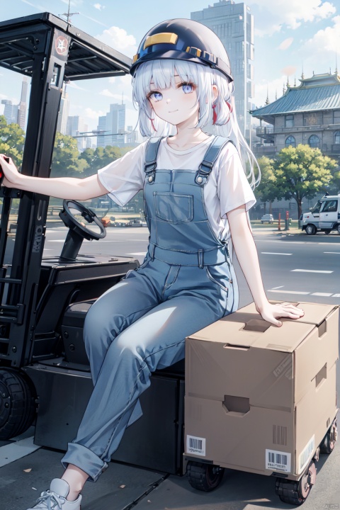  1girl, solo, masterpiece, best quality, 8k,high detailed,beautiful face, young girl, detailed eyes,Perfect picture quality

shoushou,white hair,(blue eyes:1.0),A happy smile,(long hair:1.2),full body,(Hair accessories with Chinese knots wrapped around the temples:1.0)

at the construction site,(White T-shirt:1.1),
(dungarees:1.1),(White safety helmet:1.2),
(Driving a forklift:1.2)