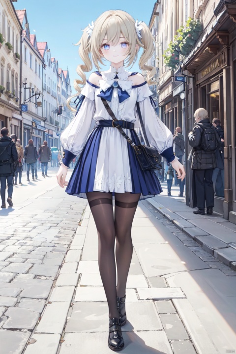  1girl, solo, masterpiece, best quality, 8k,high detailed,beautiful face, young girl, detailed eyes,Perfect picture quality

shoushou,yellow hair,(blue eyes:1.0)，full body,Wearing white stockings,A happy smile


On the streets of medieval European cities