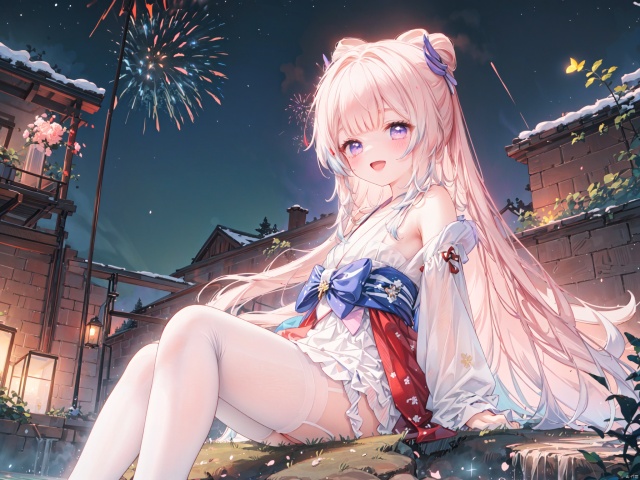  1girl, aerial_fireworks, aurora, bare_tree, city_lights, constellation, covering, covering_crotch, crescent_moon, dust, earth_\(planet\), fireflies, fireworks, full_moon, galaxy, lamppost, light_particles, long_hair, looking_at_viewer, milky_way, moon, moonlight, night, night_sky, onsen, outdoors, pine_tree, planet, shooting_star, sitting, sky, snow, snowing, solo, space, star_\(sky\), star_\(symbol\), starry_background, starry_sky, starry_sky_print, tanabata, tanzaku, tree, v_arms, window, winter, purple eyes,(hanfu),The dazzling starry sky,(Beautiful Fireworks:1.3),open mouth,A happy smile,Look at the sky,(New Year Style),(White pantyhose),(red dress)