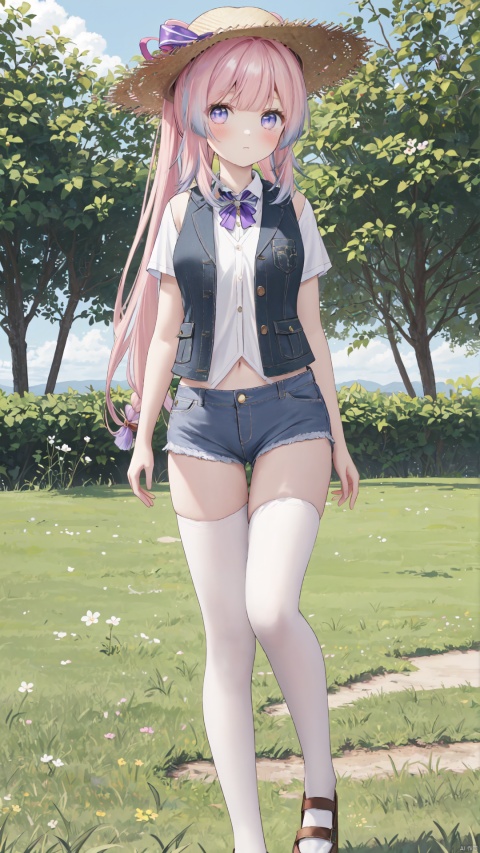  Masterpiece,CG,best,masterpiece,high definition display,1girl,solo, long hair,full body,looking at viewer,Pink long hair,Hair tips are slightly blue,Beautiful purple eyes,
blush,lace,sssr,Anime,Double ponytail braid,Cool vest,Denim shorts,on the field,Wearing a large straw hat on the head,outdoor